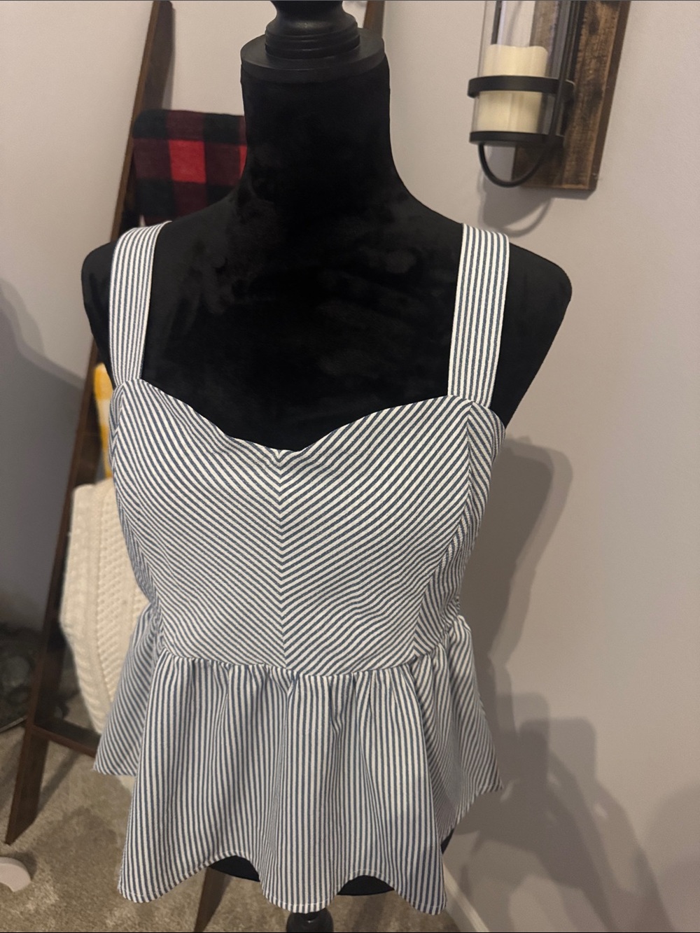 Monteau Blue & White Striped Peplum Tank Top